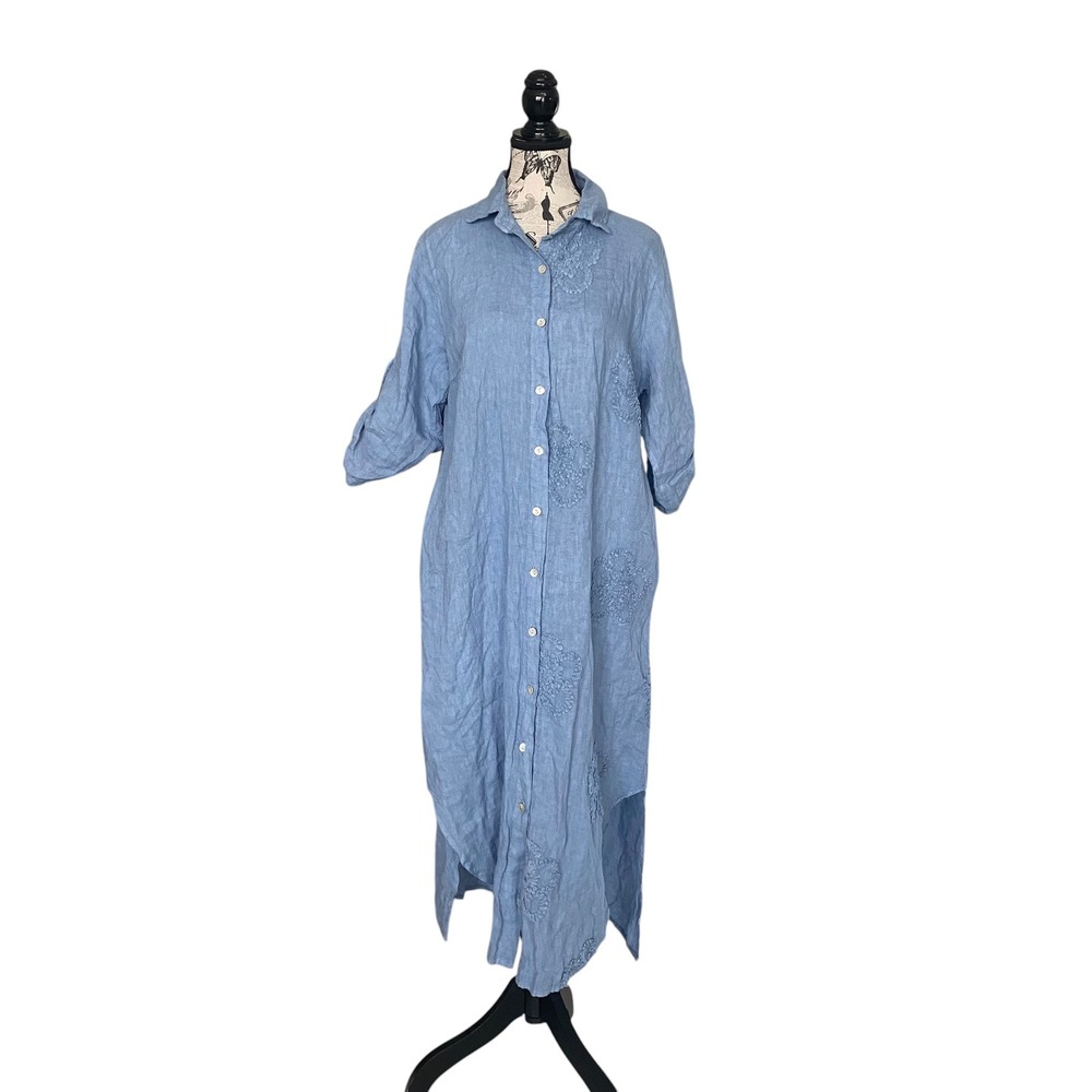 Puro Lino Shirt Dress Womens One Size Blue Linen Floral High Low Maxi Italy NEW